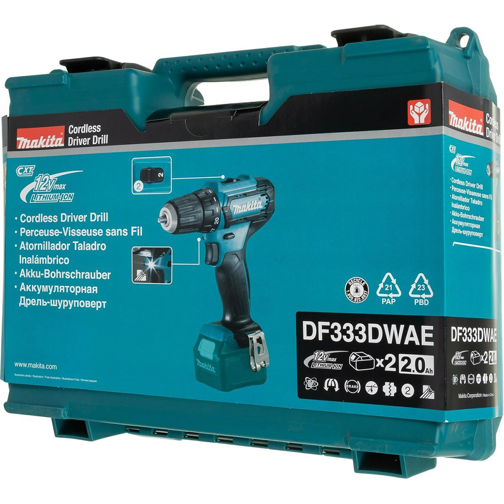 Дрель Makita аккумуляторная,12В,2х2АчLi-ion,БЗП-10мм,0-4501700обм,3014Н м,1.1кг,179x66x212,чем,подсв — изображение 18