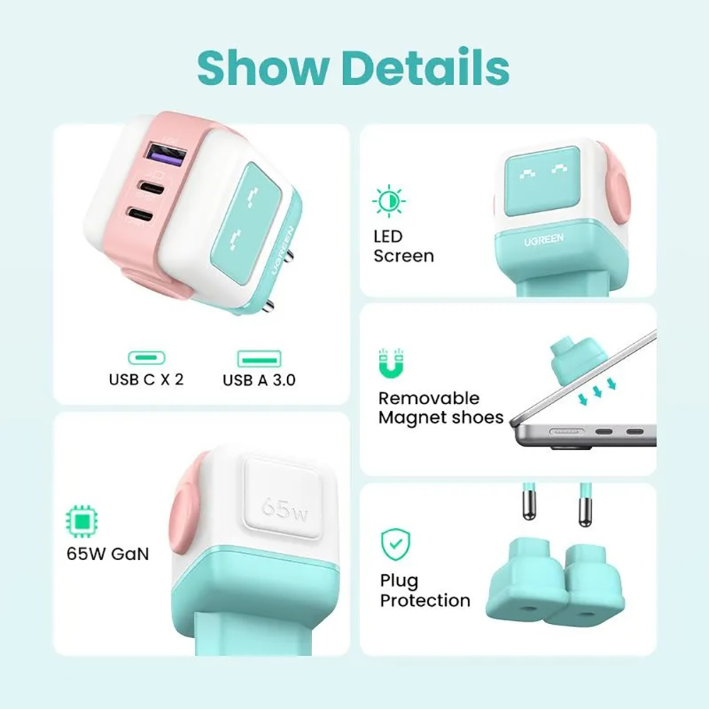 Сетевое зарядное устройство UGREEN CD361 (35855) Nexode RG 65W USB-A+2*USB-C Robot GaN Tech Fast Charger EU в виде робота. Цвет: розово-голубой — изображение 4