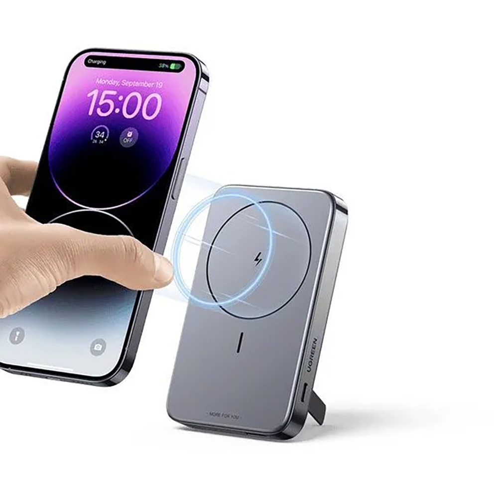 Внешний магнитный аккумулятор UGREEN (PB206) 15086 10000mAh MIni Magnetic Wireless 20W Power Bank With Holder. Цвет: серый космос — изображение 4