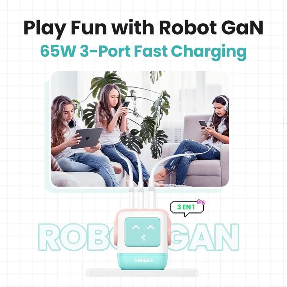 Сетевое зарядное устройство UGREEN CD361 (35855) Nexode RG 65W USB-A+2*USB-C Robot GaN Tech Fast Charger EU в виде робота. Цвет: розово-голубой — изображение 5