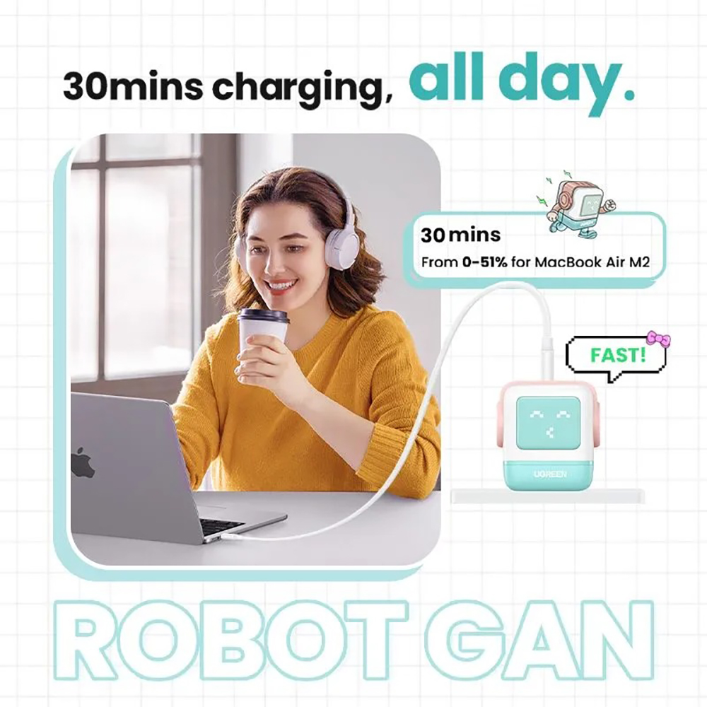 Сетевое зарядное устройство UGREEN CD361 (35855) Nexode RG 65W USB-A+2*USB-C Robot GaN Tech Fast Charger EU в виде робота. Цвет: розово-голубой — изображение 6
