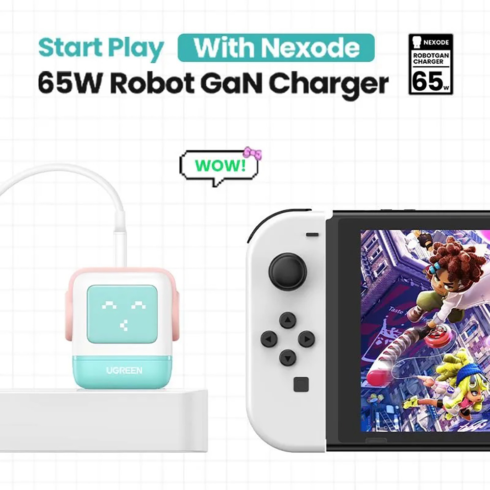 Сетевое зарядное устройство UGREEN CD361 (35855) Nexode RG 65W USB-A+2*USB-C Robot GaN Tech Fast Charger EU в виде робота. Цвет: розово-голубой — изображение 7