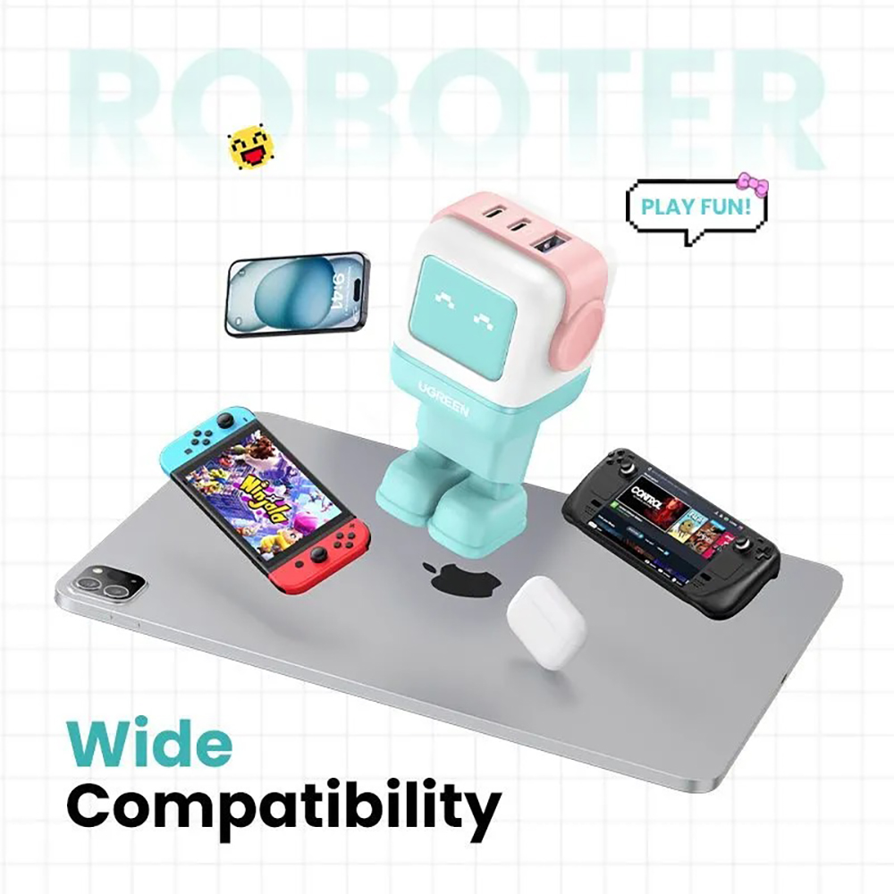 Сетевое зарядное устройство UGREEN CD361 (35855) Nexode RG 65W USB-A+2*USB-C Robot GaN Tech Fast Charger EU в виде робота. Цвет: розово-голубой — изображение 10