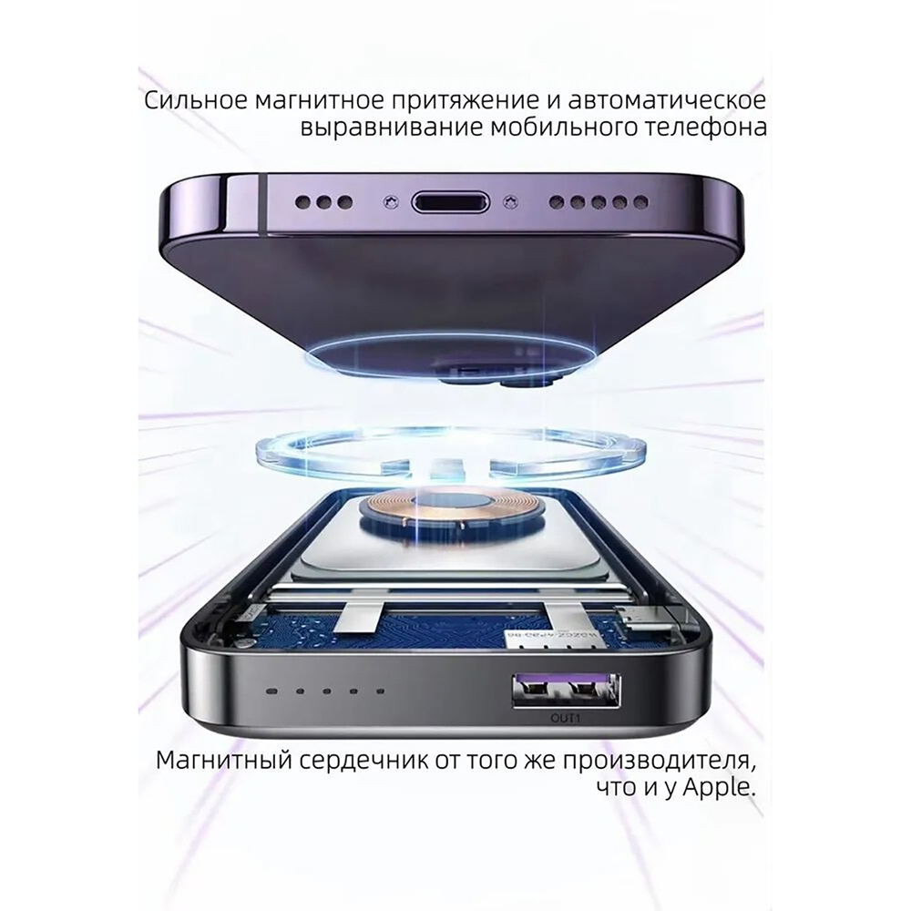 Внешний магнитный аккумулятор UGREEN (PB206) 15086 10000mAh MIni Magnetic Wireless 20W Power Bank With Holder. Цвет: серый космос — изображение 8