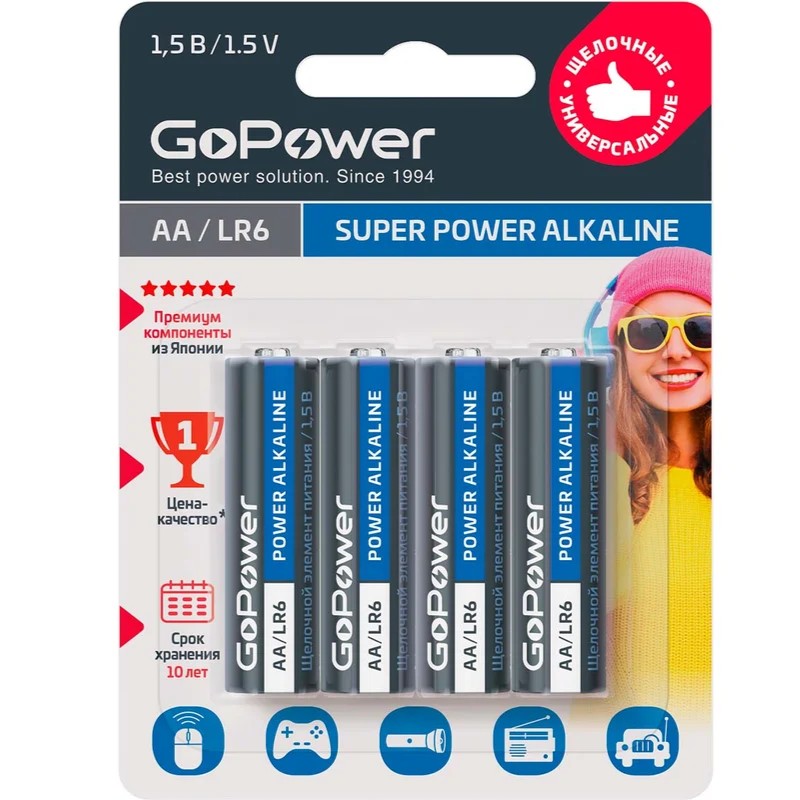 Батарейка GoPower LR6 AA BL4 Alkaline 1.5V (4/48/576)